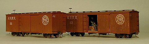 Two Moody River boxcars, one is scratch built, the other started life as a HO MDC 36' boxcar (MDC cars now come fully assembled from Athearn)
