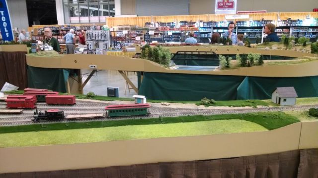 Looking across the layout, one can see three disinct part of the layout as it wrapped around.  In the foreground is Frank Knight's Alna, followed by David Keith's Salmon Hole Bridge, and finally David Keith's Bigelow module.  All scenes from the Maine 2-Footers.